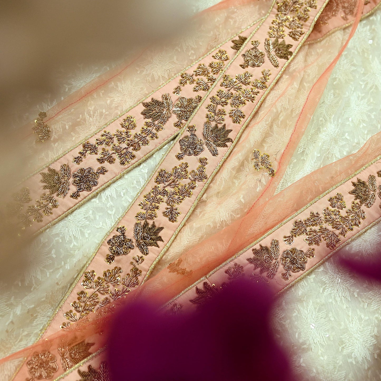 Indian Vintage Peach Sari Border Hand Embroidered 1yd Craft Trim Lace Sewing Net/Mess Ribbon Recycled Sari Border Zardozi/ Dabka Zari