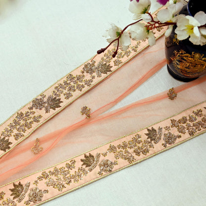 Indian Vintage Peach Sari Border Hand Embroidered 1yd Craft Trim Lace Sewing Net/Mess Ribbon Recycled Sari Border Zardozi/ Dabka Zari