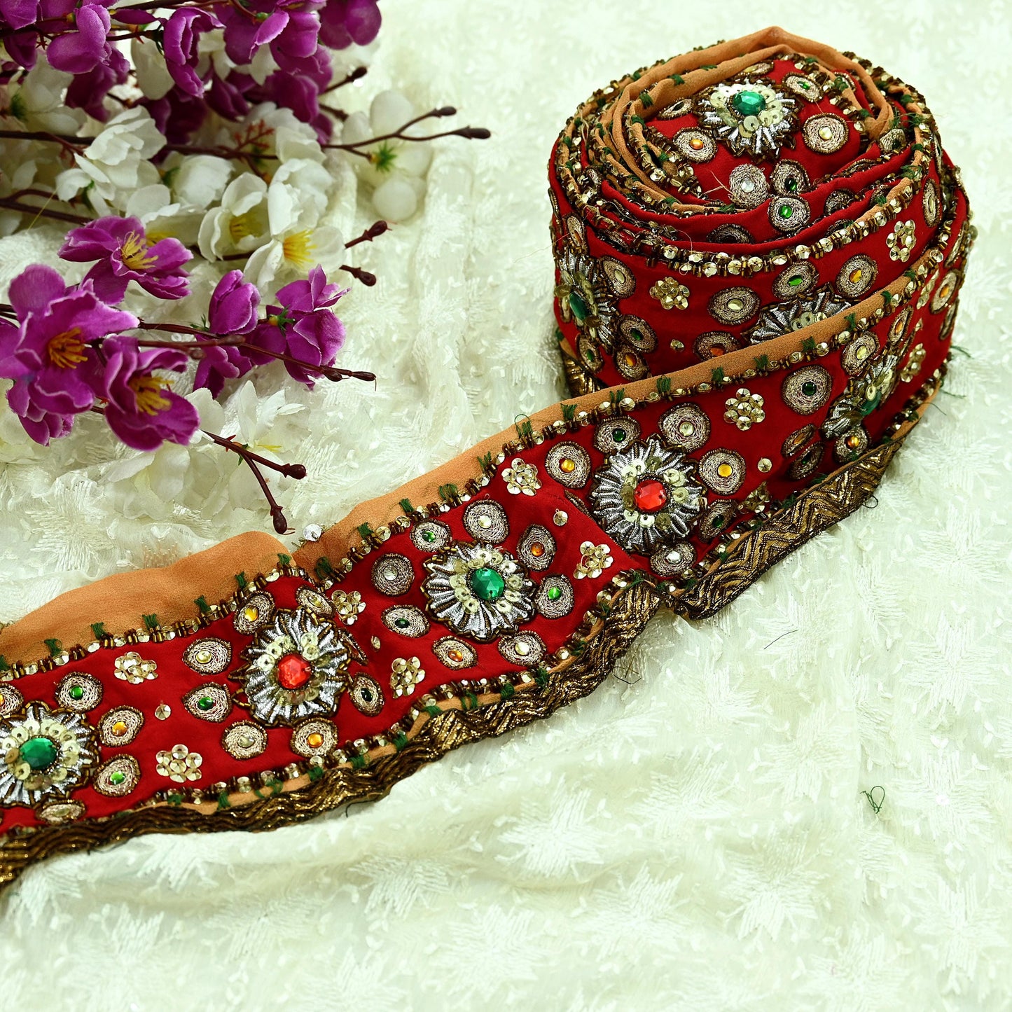 Indian Vintage Red & Saffron Border Hand Embroidered 1Yd Craft Trim Lace Sewing Sari Ribbon Pure Crepe silk  Zardozi/Dabka Zari