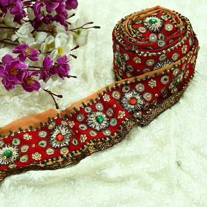 Indian Vintage Red & Saffron Border Hand Embroidered 1Yd Craft Trim Lace Sewing Sari Ribbon Pure Crepe silk  Zardozi/Dabka Zari