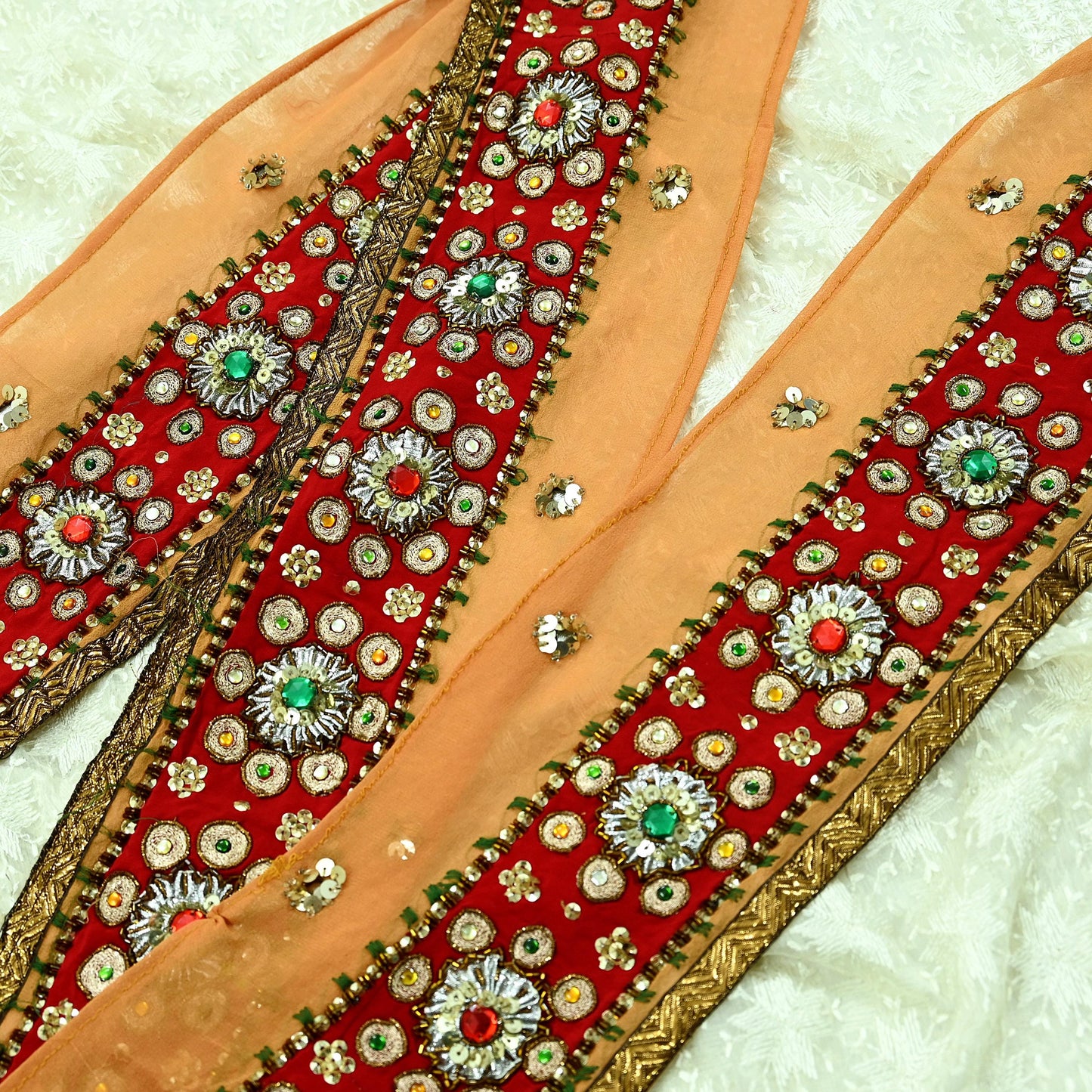 Indian Vintage Red & Saffron Border Hand Embroidered 1Yd Craft Trim Lace Sewing Sari Ribbon Pure Crepe silk  Zardozi/Dabka Zari