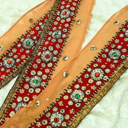 Indian Vintage Red & Saffron Border Hand Embroidered 1Yd Craft Trim Lace Sewing Sari Ribbon Pure Crepe silk  Zardozi/Dabka Zari