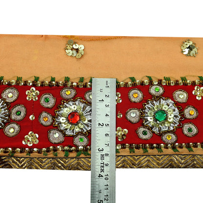 Indian Vintage Red & Saffron Border Hand Embroidered 1Yd Craft Trim Lace Sewing Sari Ribbon Pure Crepe silk  Zardozi/Dabka Zari