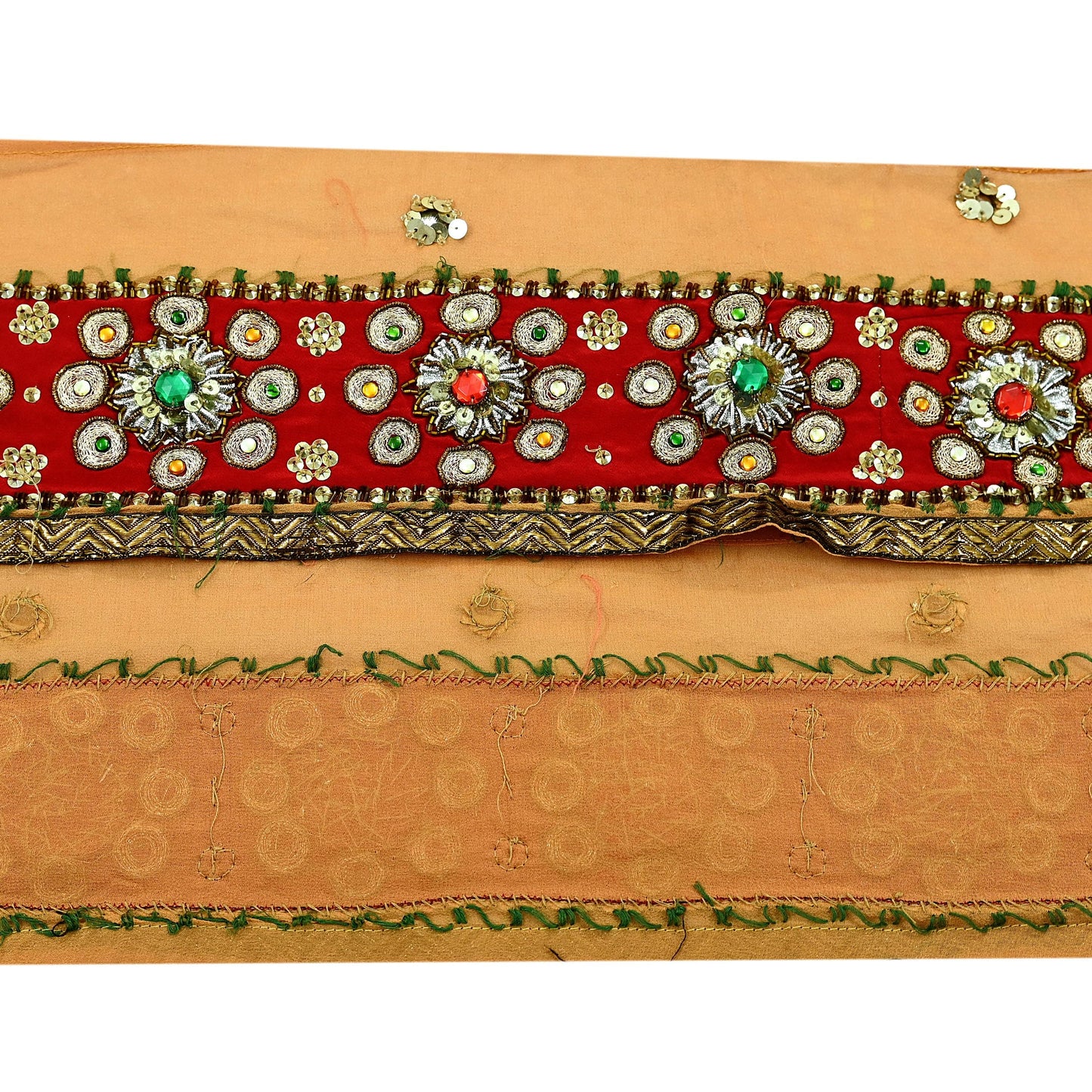 Indian Vintage Red & Saffron Border Hand Embroidered 1Yd Craft Trim Lace Sewing Sari Ribbon Pure Crepe silk  Zardozi/Dabka Zari
