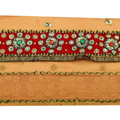 Indian Vintage Red & Saffron Border Hand Embroidered 1Yd Craft Trim Lace Sewing Sari Ribbon Pure Crepe silk  Zardozi/Dabka Zari