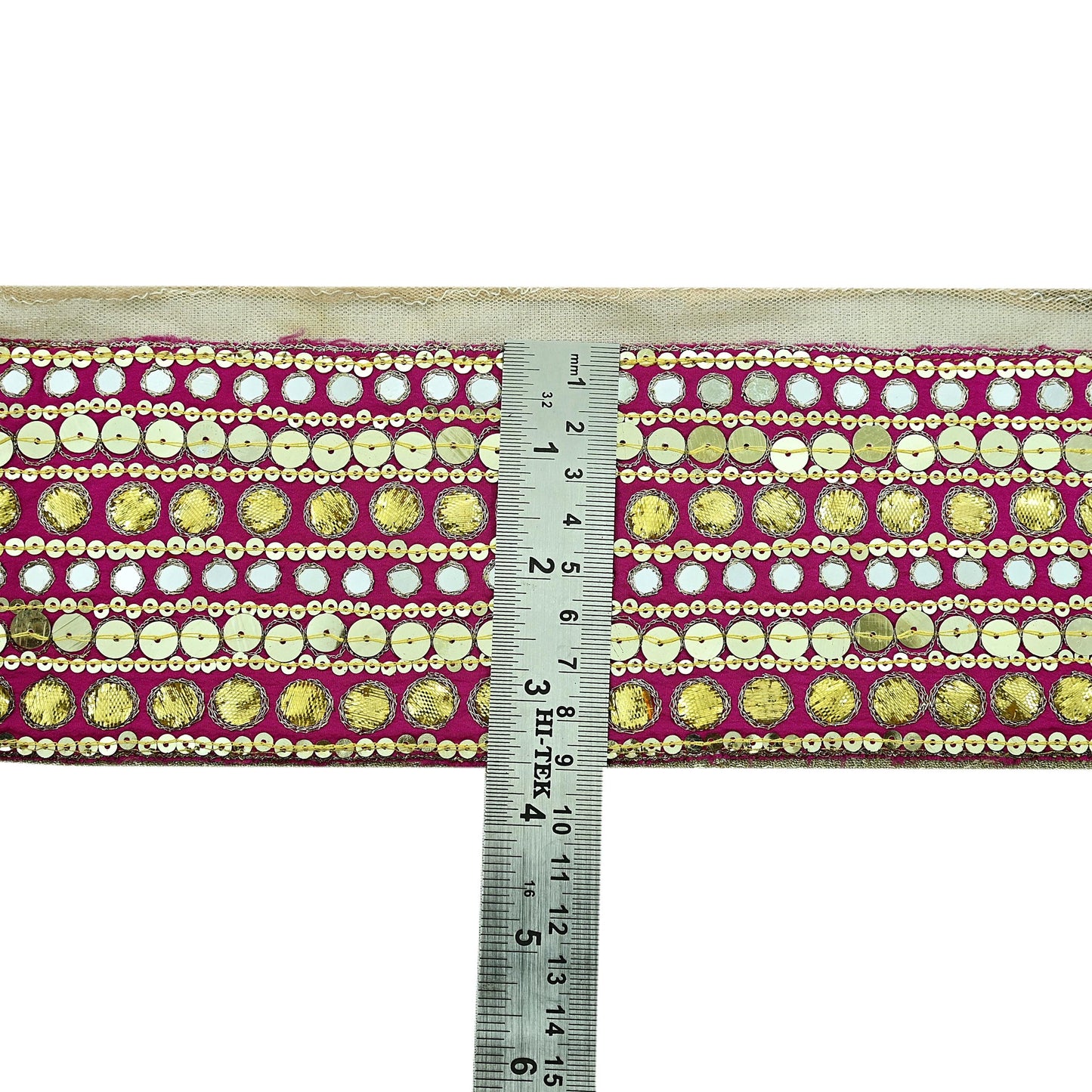 Indian Vintage Rani Pink Border Hand Embroidered 1yd Craft Trim Lace Sewing Ribbon Recycled Sari Border Gota Patti Net/ Crepe Silk