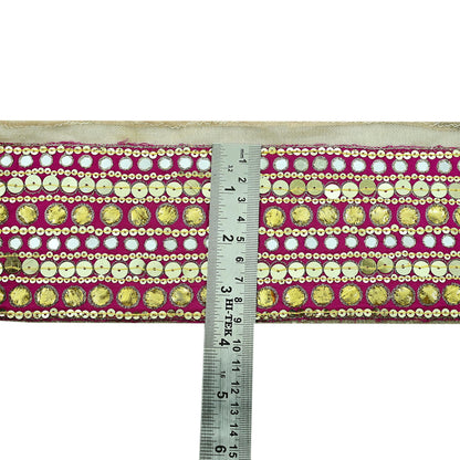 Indian Vintage Rani Pink Border Hand Embroidered 1yd Craft Trim Lace Sewing Ribbon Recycled Sari Border Gota Patti Net/ Crepe Silk