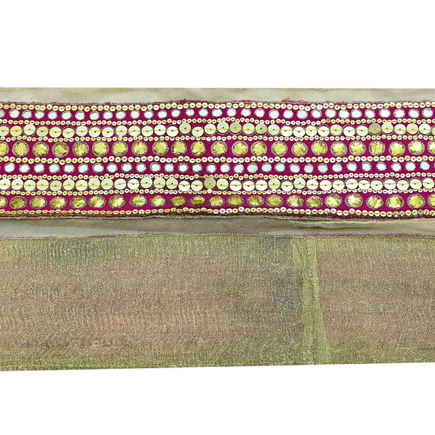 Indian Vintage Rani Pink Border Hand Embroidered 1yd Craft Trim Lace Sewing Ribbon Recycled Sari Border Gota Patti Net/ Crepe Silk