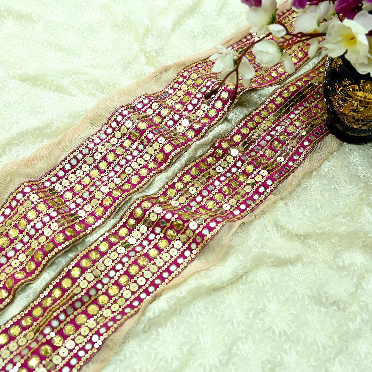 Indian Vintage Rani Pink Border Hand Embroidered 1yd Craft Trim Lace Sewing Ribbon Recycled Sari Border Gota Patti Net/ Crepe Silk