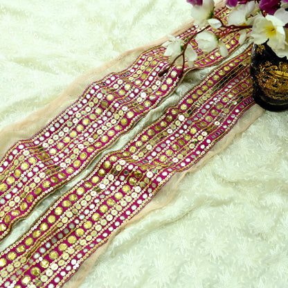 Indian Vintage Rani Pink Border Hand Embroidered 1yd Craft Trim Lace Sewing Ribbon Recycled Sari Border Gota Patti Net/ Crepe Silk