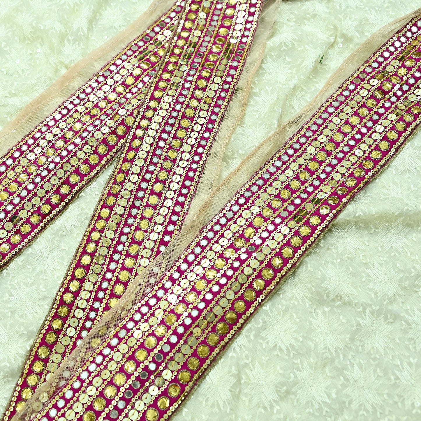 Indian Vintage Rani Pink Border Hand Embroidered 1yd Craft Trim Lace Sewing Ribbon Recycled Sari Border Gota Patti Net/ Crepe Silk