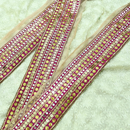 Indian Vintage Rani Pink Border Hand Embroidered 1yd Craft Trim Lace Sewing Ribbon Recycled Sari Border Gota Patti Net/ Crepe Silk