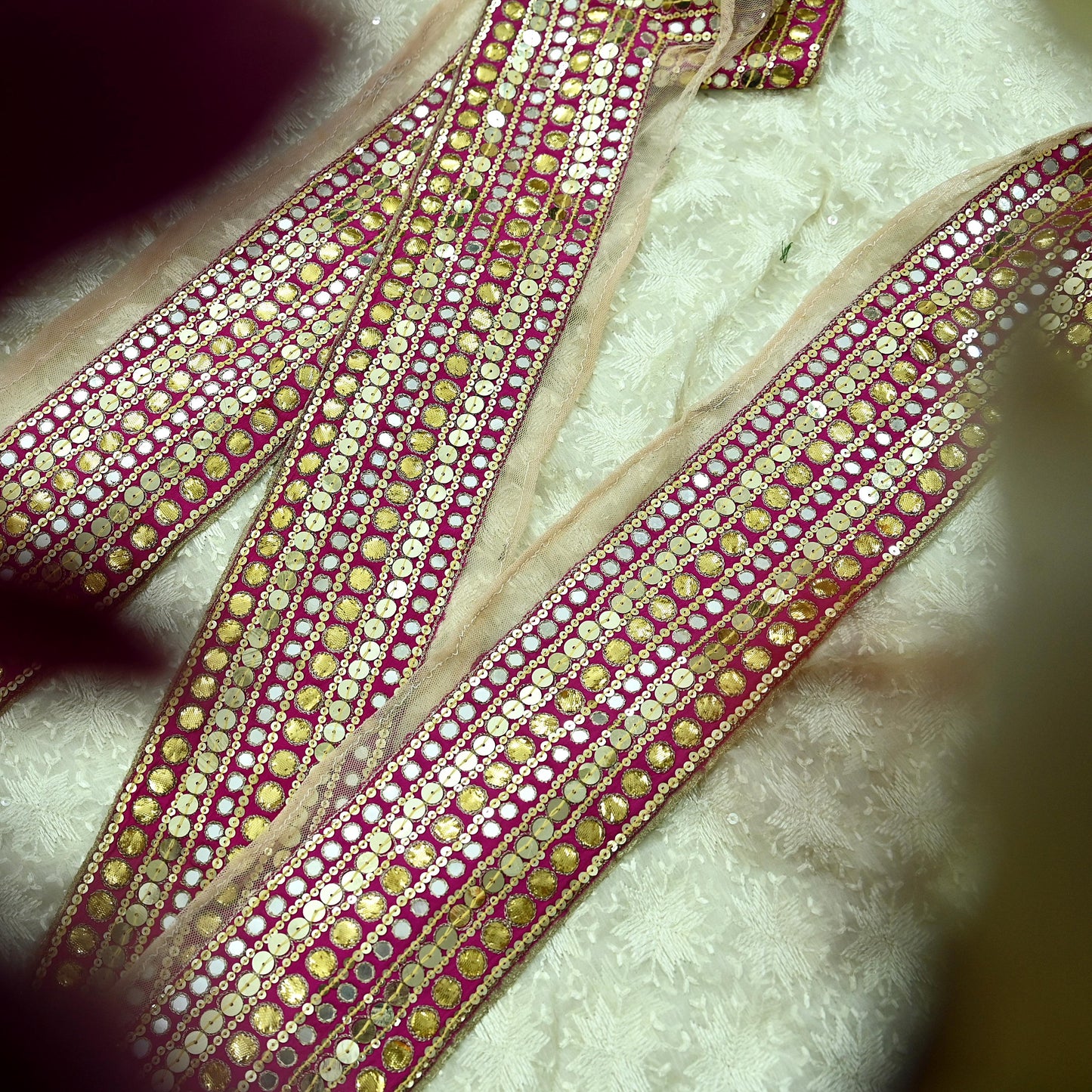 Indian Vintage Rani Pink Border Hand Embroidered 1yd Craft Trim Lace Sewing Ribbon Recycled Sari Border Gota Patti Net/ Crepe Silk