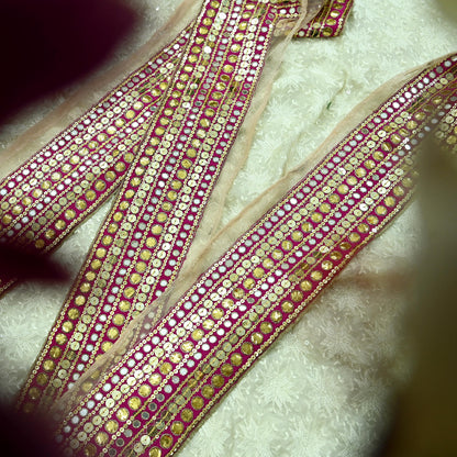 Indian Vintage Rani Pink Border Hand Embroidered 1yd Craft Trim Lace Sewing Ribbon Recycled Sari Border Gota Patti Net/ Crepe Silk