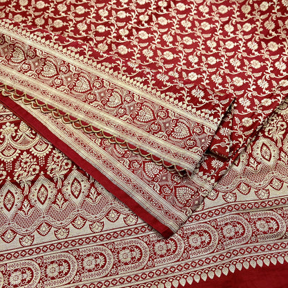 Indian Vintage Sari Maroon Heavy Wedding  Pure Satin Silk Woven Banarasi Brocade Sarees Zari 5Yd Dress making Crafting Quilting