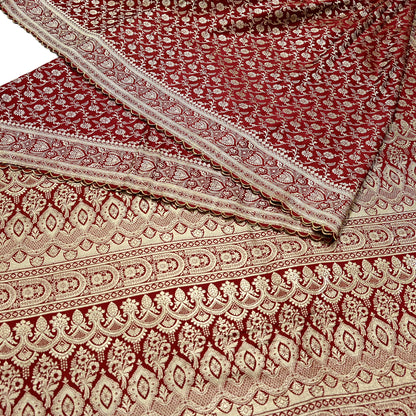 Indian Vintage Sari Maroon Heavy Wedding  Pure Satin Silk Woven Banarasi Brocade Sarees Zari 5Yd Dress making Crafting Quilting