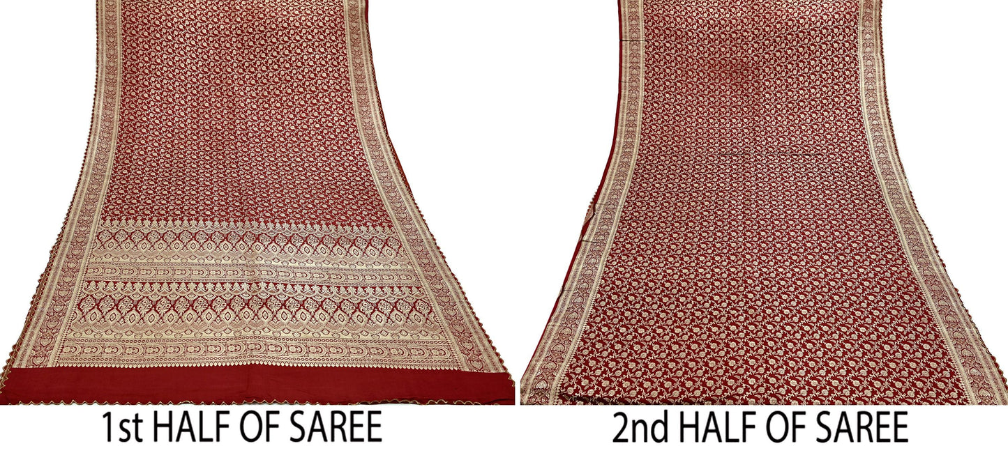 Indian Vintage Sari Maroon Heavy Wedding  Pure Satin Silk Woven Banarasi Brocade Sarees Zari 5Yd Dress making Crafting Quilting