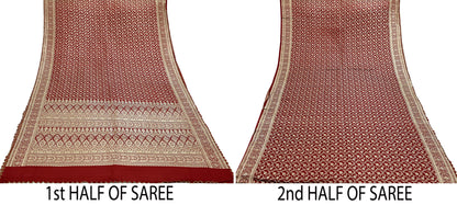 Indian Vintage Sari Maroon Heavy Wedding  Pure Satin Silk Woven Banarasi Brocade Sarees Zari 5Yd Dress making Crafting Quilting