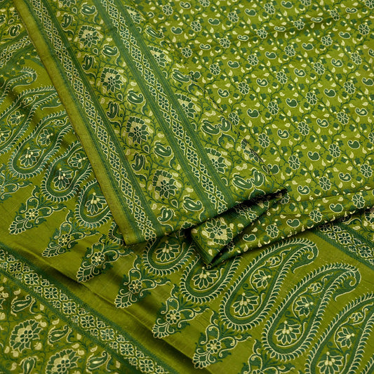 Indian Vintage Sari Green Heavy Pure Satin Silk Hand Woven Tanchoi Sarees Ethnic Wear 5Yd Paisley Craft Fabric Dress Making Crafting