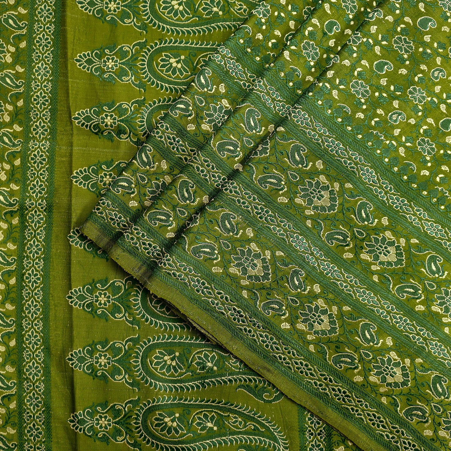 Indian Vintage Sari Green Heavy Pure Satin Silk Hand Woven Tanchoi Sarees Ethnic Wear 5Yd Paisley Craft Fabric Dress Making Crafting