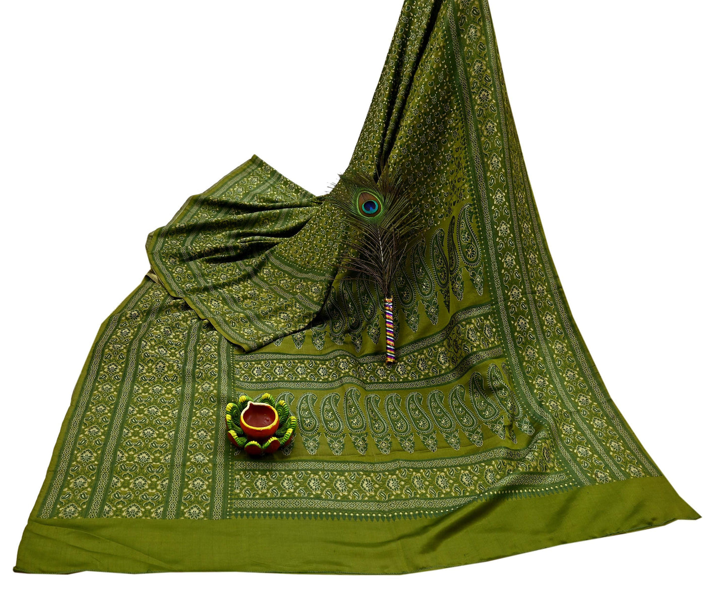 Indian Vintage Sari Green Heavy Pure Satin Silk Hand Woven Tanchoi Sarees Ethnic Wear 5Yd Paisley Craft Fabric Dress Making Crafting