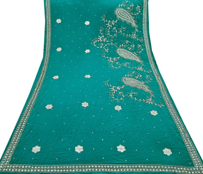 Indian Vintage Green Saree Pure Crepe Silk Hand Embroidered Sari Craft Fabric 5Yd Sewing Soft Zardozi/Dabka Dress making
