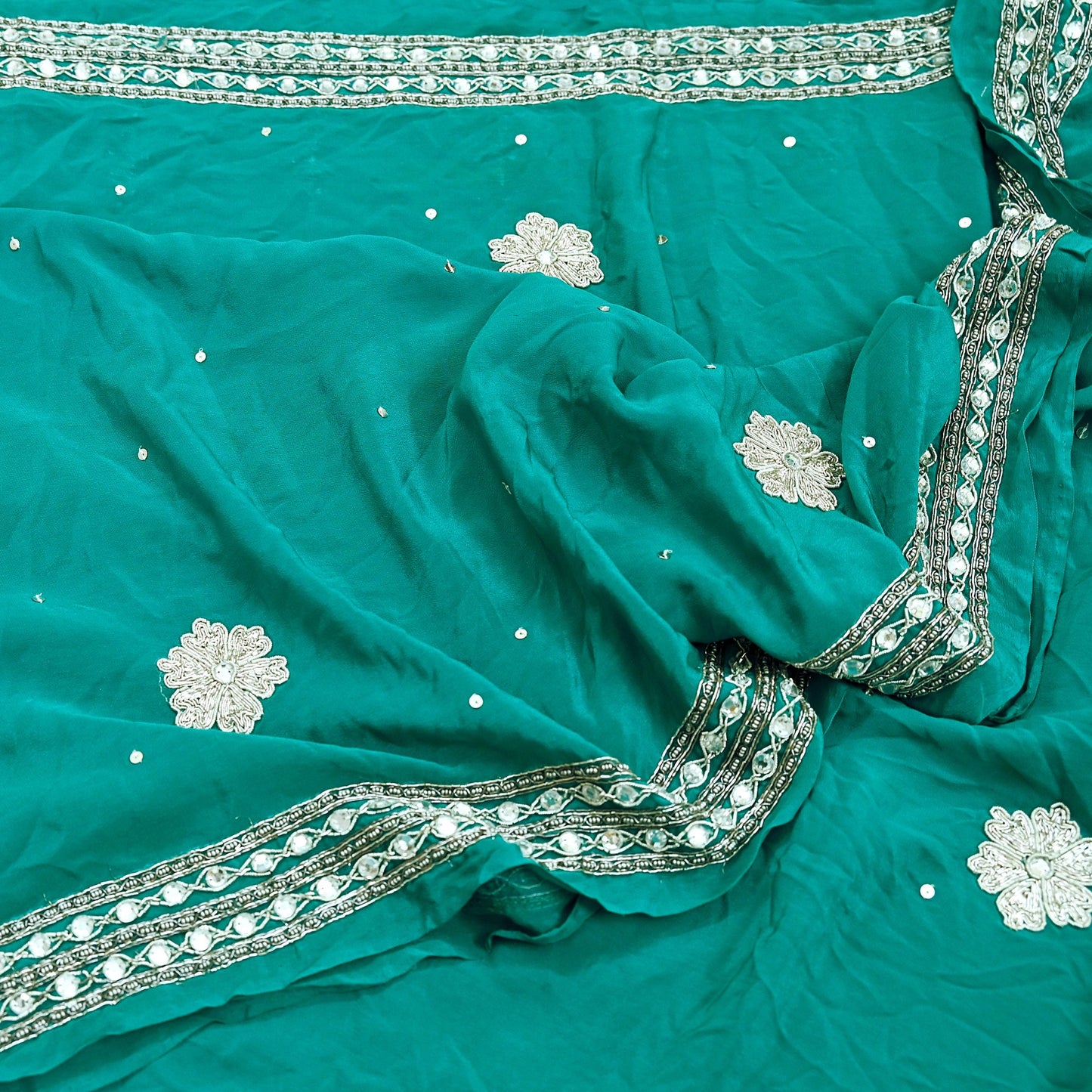Indian Vintage Green Saree Pure Crepe Silk Hand Embroidered Sari Craft Fabric 5Yd Sewing Soft Zardozi/Dabka Dress making