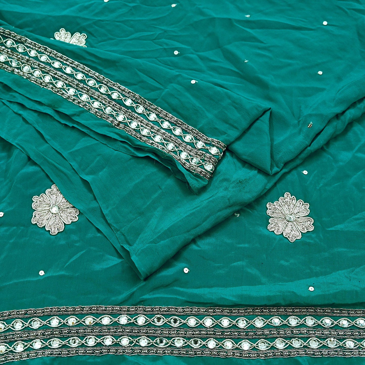 Indian Vintage Green Saree Pure Crepe Silk Hand Embroidered Sari Craft Fabric 5Yd Sewing Soft Zardozi/Dabka Dress making