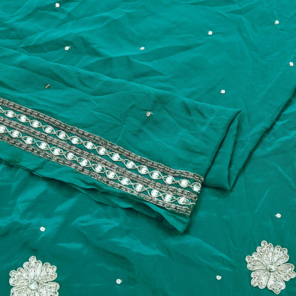 Indian Vintage Green Saree Pure Crepe Silk Hand Embroidered Sari Craft Fabric 5Yd Sewing Soft Zardozi/Dabka Dress making
