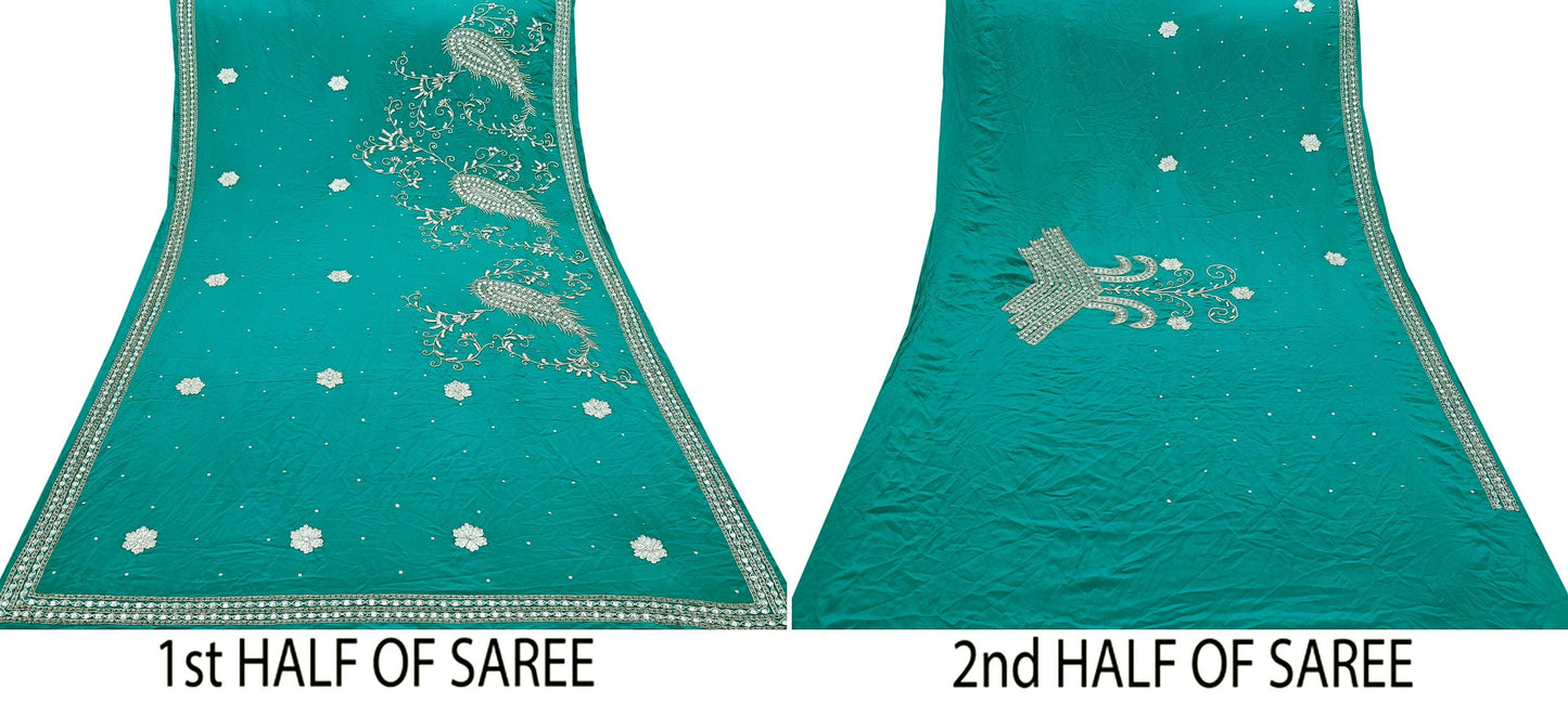 Indian Vintage Green Saree Pure Crepe Silk Hand Embroidered Sari Craft Fabric 5Yd Sewing Soft Zardozi/Dabka Dress making