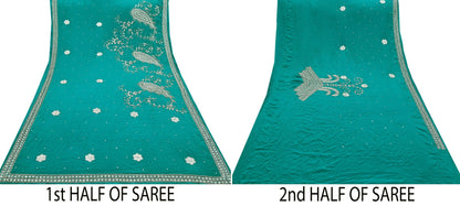 Indian Vintage Green Saree Pure Crepe Silk Hand Embroidered Sari Craft Fabric 5Yd Sewing Soft Zardozi/Dabka Dress making