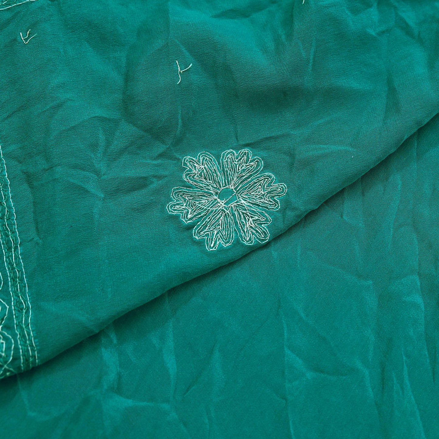 Indian Vintage Green Saree Pure Crepe Silk Hand Embroidered Sari Craft Fabric 5Yd Sewing Soft Zardozi/Dabka Dress making