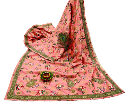Indian Vintage Peach Sarees Hand Embroidered Woven Brocade Sari Fabric 6Yd Sewing Ethnic Zardozi Zari Floral Dress making