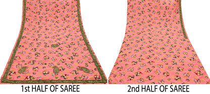 Indian Vintage Peach Sarees Hand Embroidered Woven Brocade Sari Fabric 6Yd Sewing Ethnic Zardozi Zari Floral Dress making