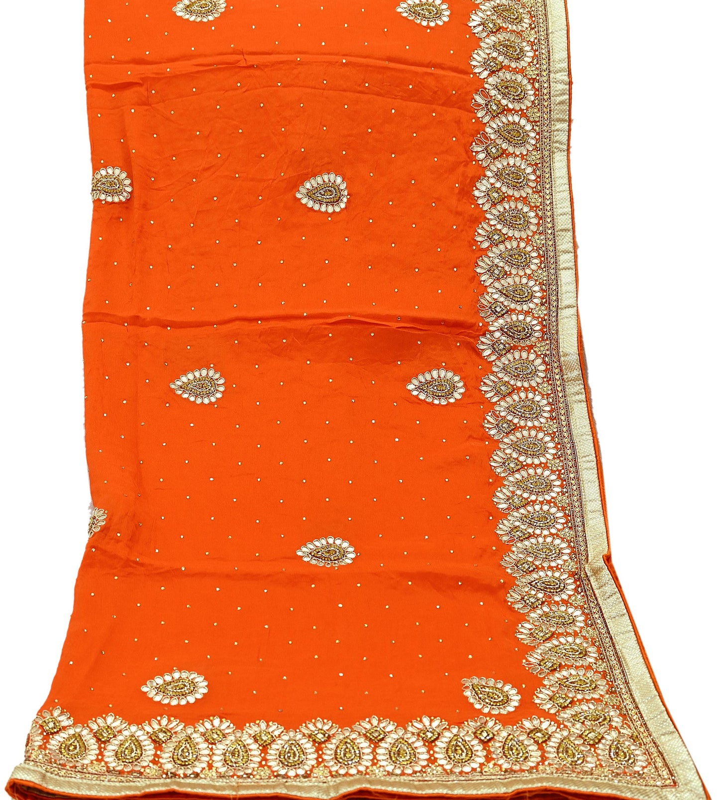 Indian Women Vintage Heavy Orange Dupatta Pure silk Long Stole Hand Embroidered Hijab Scarves Veil Wrap Zardozi Dabka Gota patti