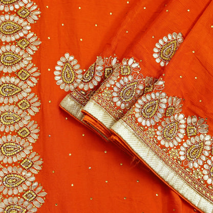 Indian Women Vintage Heavy Orange Dupatta Pure silk Long Stole Hand Embroidered Hijab Scarves Veil Wrap Zardozi Dabka Gota patti