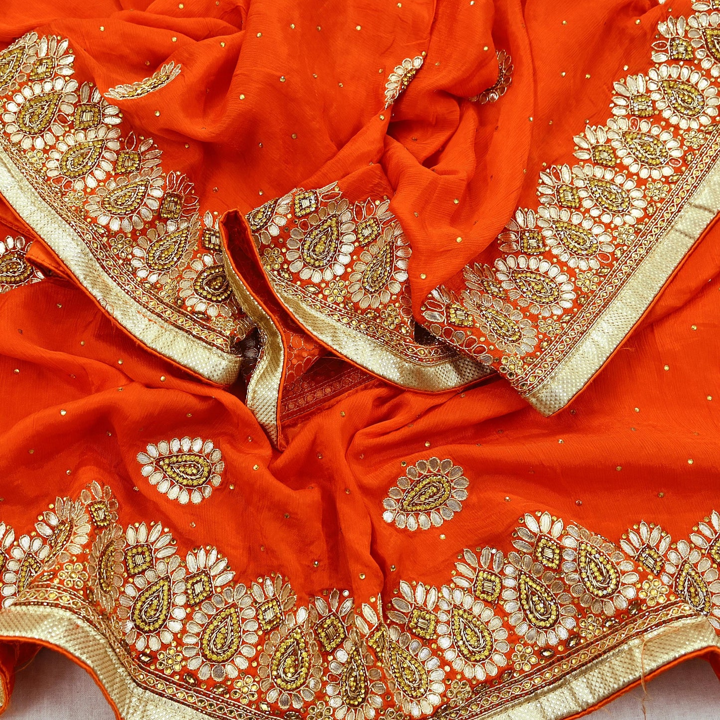 Indian Women Vintage Heavy Orange Dupatta Pure silk Long Stole Hand Embroidered Hijab Scarves Veil Wrap Zardozi Dabka Gota patti