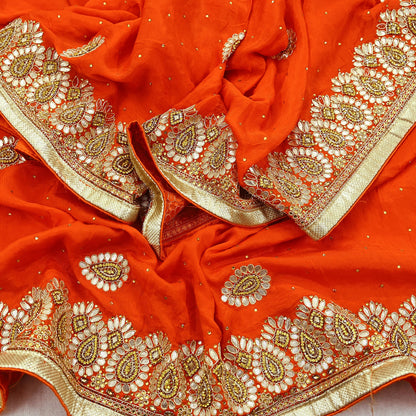 Indian Women Vintage Heavy Orange Dupatta Pure silk Long Stole Hand Embroidered Hijab Scarves Veil Wrap Zardozi Dabka Gota patti