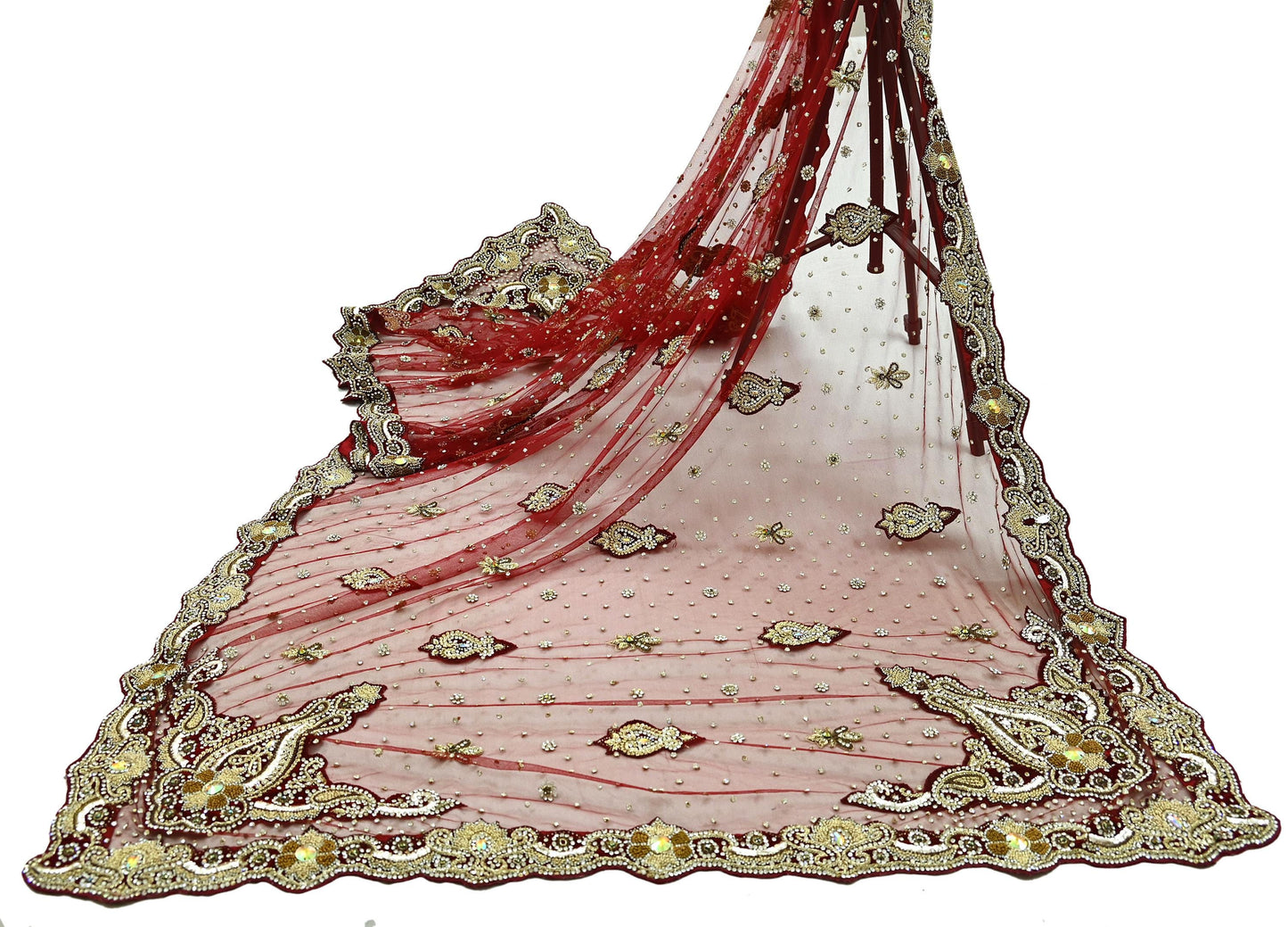 Indian Vintage Heavy Maroon Dupatta Net Mesh Long Stole Hand Embroidered Scarves Golden Zardozi Dabka Zari Stole