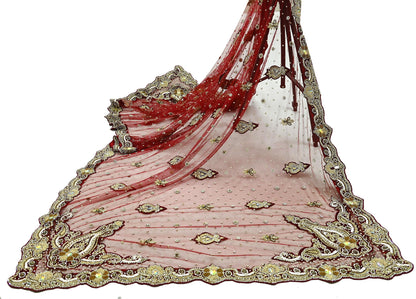 Indian Vintage Heavy Maroon Dupatta Net Mesh Long Stole Hand Embroidered Scarves Golden Zardozi Dabka Zari Stole
