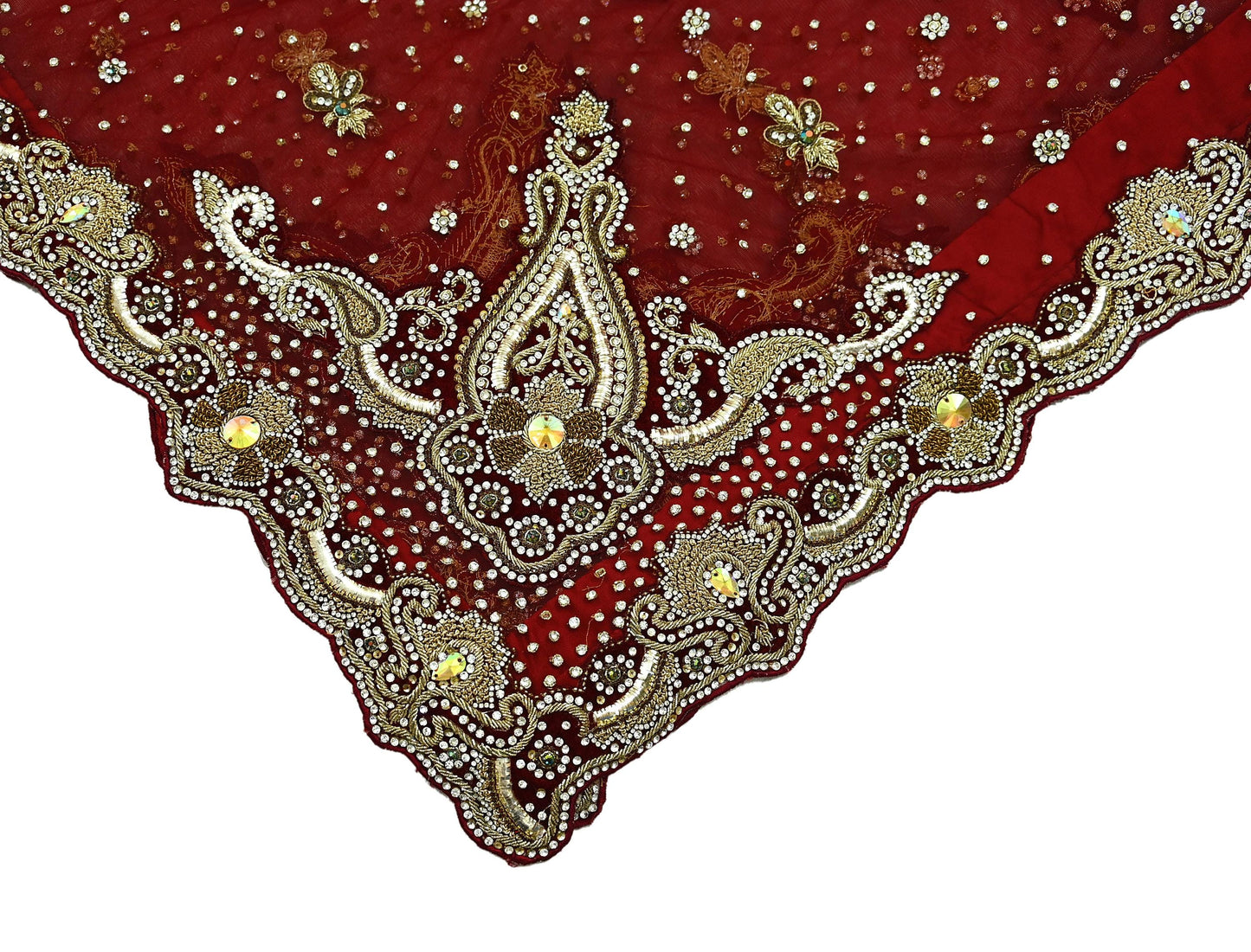 Indian Vintage Heavy Maroon Dupatta Net Mesh Long Stole Hand Embroidered Scarves Golden Zardozi Dabka Zari Stole