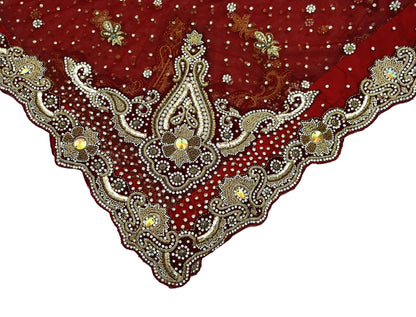 Indian Vintage Heavy Maroon Dupatta Net Mesh Long Stole Hand Embroidered Scarves Golden Zardozi Dabka Zari Stole