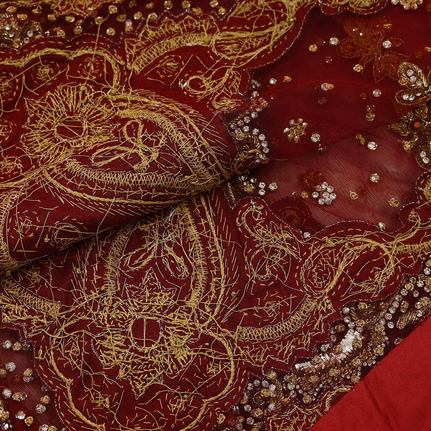 Indian Vintage Heavy Maroon Dupatta Net Mesh Long Stole Hand Embroidered Scarves Golden Zardozi Dabka Zari Stole