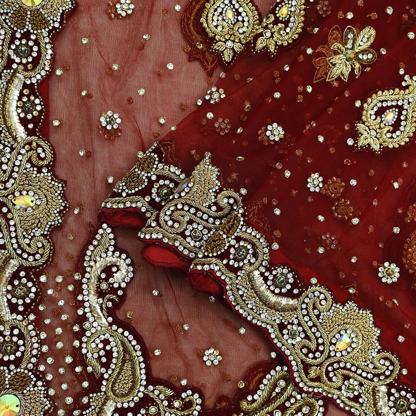 Indian Vintage Heavy Maroon Dupatta Net Mesh Long Stole Hand Embroidered Scarves Golden Zardozi Dabka Zari Stole
