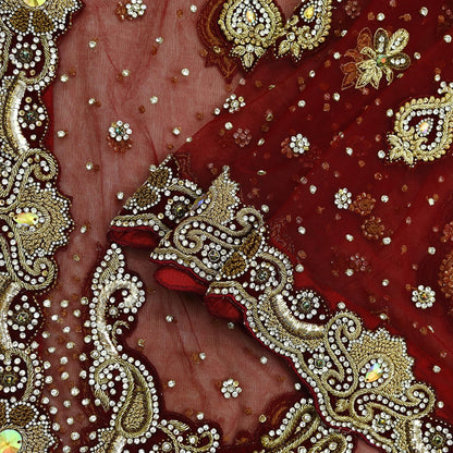 Indian Vintage Heavy Maroon Dupatta Net Mesh Long Stole Hand Embroidered Scarves Golden Zardozi Dabka Zari Stole