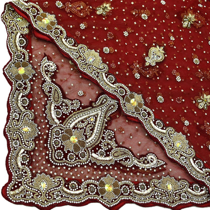 Indian Vintage Heavy Maroon Dupatta Net Mesh Long Stole Hand Embroidered Scarves Golden Zardozi Dabka Zari Stole
