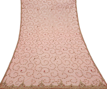 Indian Vintage Heavy Pink Dupatta Net Mesh Long Stole Hand Embroidered Scarves Golden Zardozi Dabka Zari Sequins