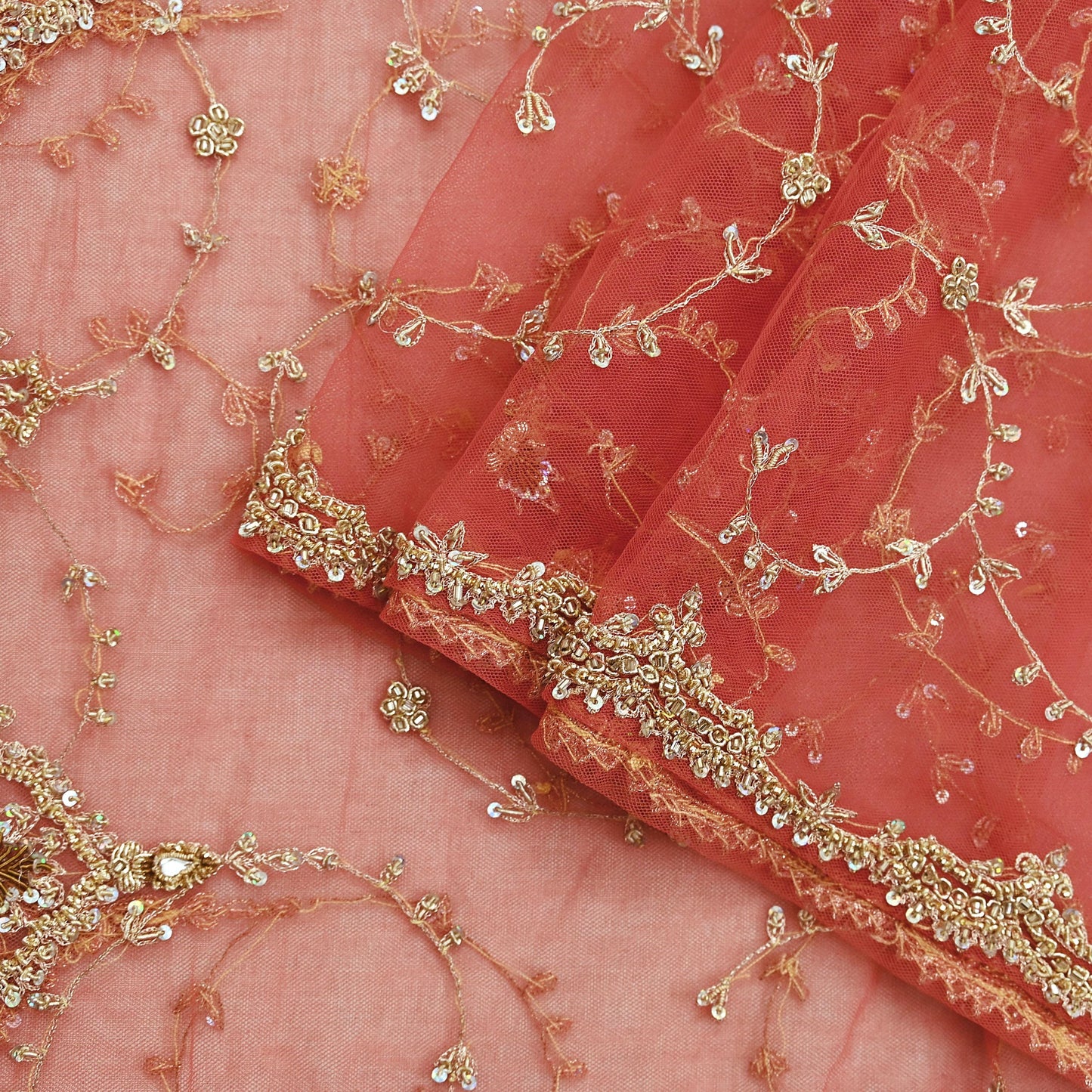 Indian Vintage Heavy Pink Dupatta Net Mesh Long Stole Hand Embroidered Scarves Golden Zardozi Dabka Zari Sequins