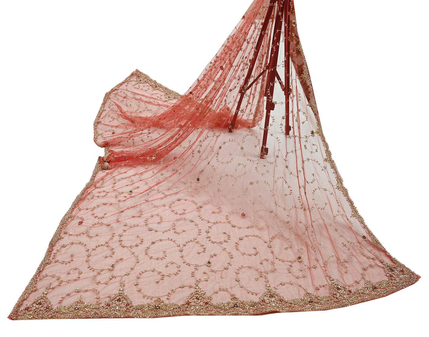 Indian Vintage Heavy Pink Dupatta Net Mesh Long Stole Hand Embroidered Scarves Golden Zardozi Dabka Zari Sequins