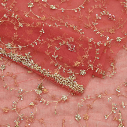 Indian Vintage Heavy Pink Dupatta Net Mesh Long Stole Hand Embroidered Scarves Golden Zardozi Dabka Zari Sequins